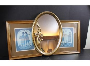 Three Wall Hangings, Two Pics 17 X 15, Oval Mirror With Gold Frame