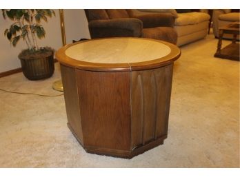 Side Table - Stone Round Top & Hexagon Frame - Storage Inside, 26in Diameter