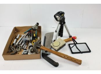 Small Light On Tripod In Box Of Wrenches, Hammer, Timer Etc