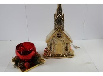 Lighted Gold Church 16 In, Red Globe Decor