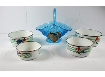 Vintage Indiana Glass, Horizon Blue Canterbury Basket Diamond Cut Fruit Bowl With 4 Metal Bowls