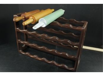 Rolling Pin Holder With Three Rolling Pins, 2 Wooden, 1 Green