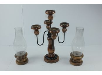 Three Wooden Candle Holders, Large 16 In Tall