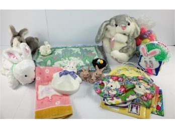 Easter Lot - Eggs, Sacks, Three Stuffed Bunnies, One Talks And Moves Tail