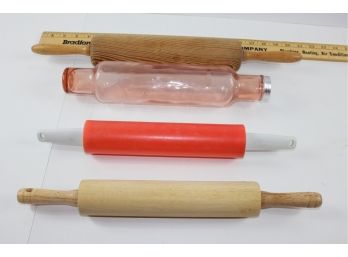 4 Rolling Pins - 2 Wooden, One Plastic, 1 Glass Pink