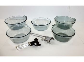 5 Pyrex Bowls, 2 Are 8 In And 3 Are 7 In, Plus Two Vintage Removable Handles