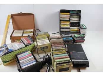Cassette Lot - Sony Cassette Recorder TCM - 828, Many Cassettes Plus Mic And Earphones