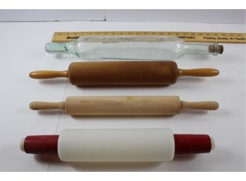 4 Rolling Pins, Two Wooden, One Plastic, One Extra Long Clear Glass With Cork