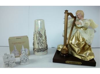 Holiday Time Animated Musical Angel With Harp, Cracker Barrel Church, Salt And Pepper Shakers