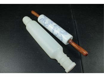 2 Rolling Pins - 1 Plastic, One Glass With Blue Design