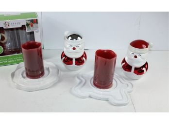 2 Ceramic Bath & Body Candle Plates, Santa Candles, 2 LED Candles Battery-operated
