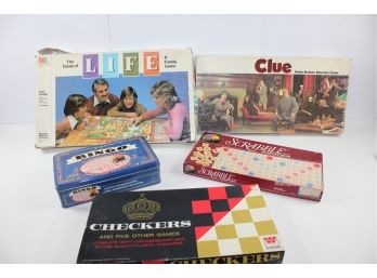 5 Games - Life, Clue, Checkers, Bingo And Scrabble