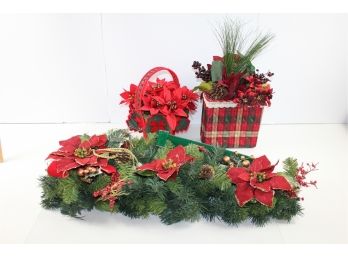 Beautiful Christmas Door Hanging 24in, 2 Silk Flower Baskets