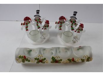 Set Of Snowmen Candle Holders And Yule Log, Very Cute