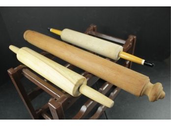 Rolling Pin Holder With Three Wooden Rolling Pins, One Is A Solid Piece