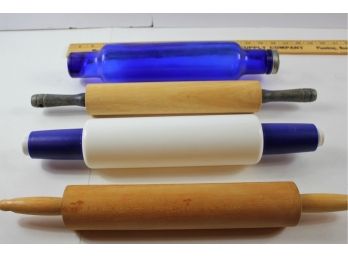 4 Rolling Pins - 2 Wooden, One Plastic, One Cobalt Blue Glass