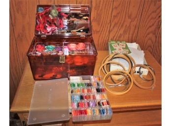 Plastic Sewing Box With Embroidery Thread Plus Hoops