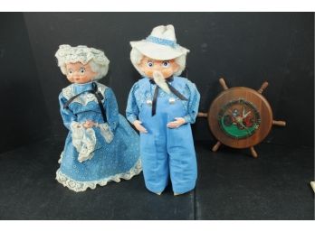 Farmer Couple Dolls - 12 In Weighted With Sand, Nautical Farm Clock