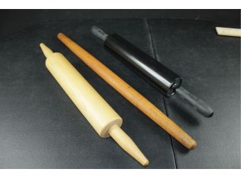 3 Rolling Pins - 2 Wooden, Black Has Rubber Handles With Metal