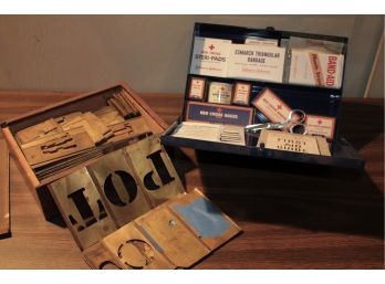 Wood Box Of Brass Stencils, Older First Aid Kit