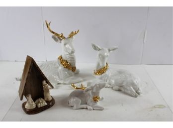 4 Piece Deer And Nativity - Largest Deer Has Broken Antler