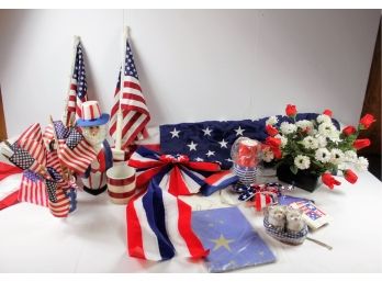 Fourth Of July Lot - Lots Of Flags, Two Coffee Cups, Uncle Sam, Kitty Cat Salt And Pepper Shakers