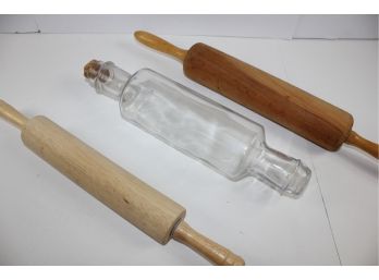 3 Rolling Pins - 2 Wooden, One Clear Glass With Cork