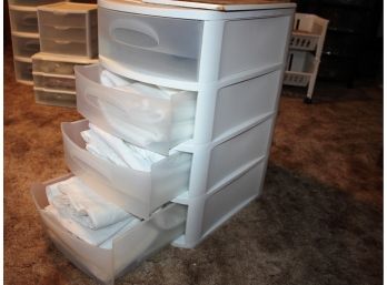 4 Drawer Plastic Rolling Cart Filled With Batting And Interfacing, Sewing Tin And Plaque