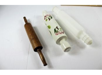 3 Rolling Pins, One Plastic, One Wooden, Ceramic With Floral