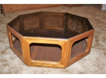 Octagon Wood And Glass Coffee Table, 15 Inch Tall 41.5 Wide