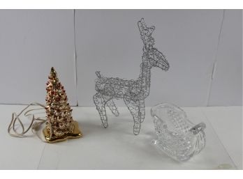 Wire Reindeer Glass Sleigh And Gold Christmas Tree