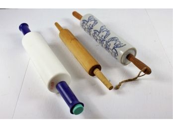 3 Rolling Pins, Plastic, Wooden, Ceramic With Blue Pattern