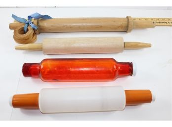 4 Rolling Pins, Two Wooden, One Plastic, One Glass Red