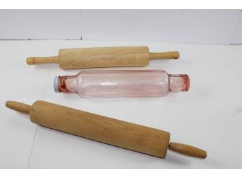 3 Rolling Pins 2- 18' Wooden Cone, Made In Canada By Rowoco , 1 Rose Glass 14 In, Not Sure If Original Lid