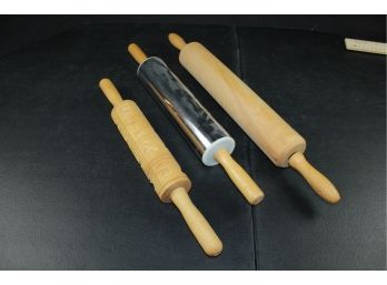 3 Rolling Pins - 1 Metal With Wooden Handles, Largest Has Metal Rod, 1 Is Springerle Rolling Pin