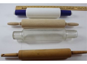 4 Rolling Pins - 2 Wooden, One Plastic, One Clear Glass No Lid