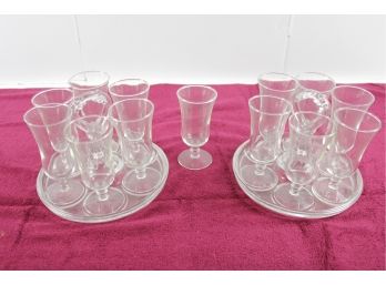 Two Sets Of 6 -Footed Wine Glasses And Two Trays