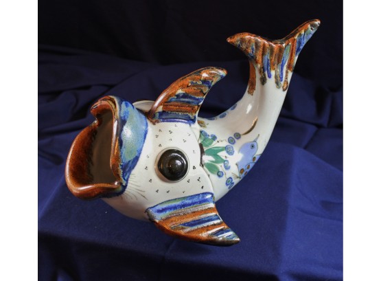 Mexican Pottery Fish With Open Mouth -11 Inch Wide 8 In Tall