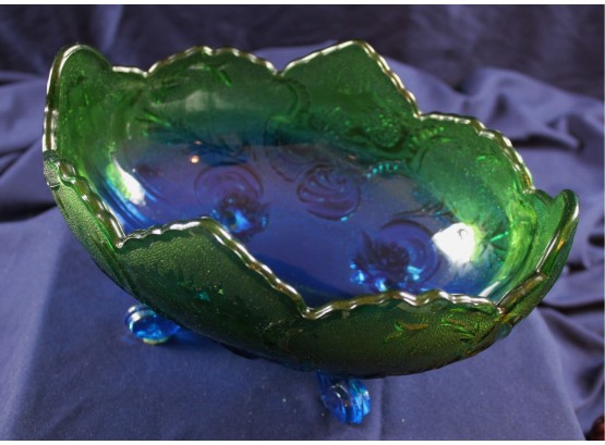 Anchor Hocking Depression Glass , Green And Blue Fruit Bowl - 10 X 6.5, 5.25 Tall