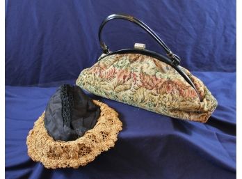Vintage Floral Tapestry Carpet Bag Admiral Purse 14.5 Wide Plus Antique Black And Brown Ladies Hat
