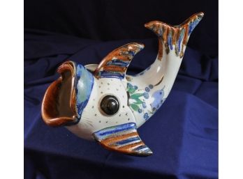 Mexican Pottery Fish With Open Mouth -11 Inch Wide 8 In Tall