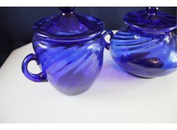 2 Piece Cobalt Lidded Jars, Possibly Hand Blown Because Of Imperfections, 7 In Tall X 9.5 D & 6.75T 8'D