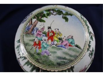 Chinese Porcelain Enamel Covered Dish On Stand - 6 Inch Diameter 3.5 Inch Tall - Has Small Chip