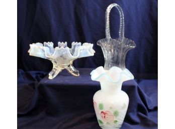 3 Glass Pieces, Fenton Swirl Pattern With Rose 6in Tall, Art Glass Etched Brides Basket With Handle 9.5 Tall
