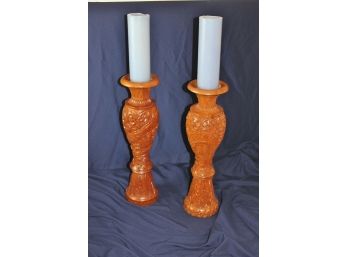2 Handcrafted Teak Wood Candle Pillars Made In Thailand 20 In Tall