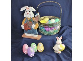 Metal Easter Basket With Eggs, 10.25 Tall Wooden Rabbit, Ceramic Bunny 5.5 Tall