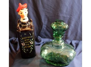 2 Decanters - Green Victrylite Oshkosh Wis- Made In Italy 8 In Tall, Man Betsons Japan 10 In Tall