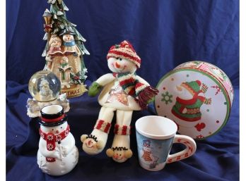 Snowman Lot #2 - 6 Items, 4in Snow Globe, Tree Is 12.75 Wood, 6 In Ceramic Tealight Candle Holder