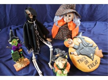 Witch Lot - Plus A Bony Skeleton - Trick-or-treat Plaque Has Broken Broom