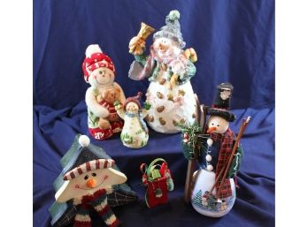 Snowman Lot - 6 Items, Tallest Is 12 In Resin And Stuffed-with Skis 12in, 9 In Stuffed With Bear